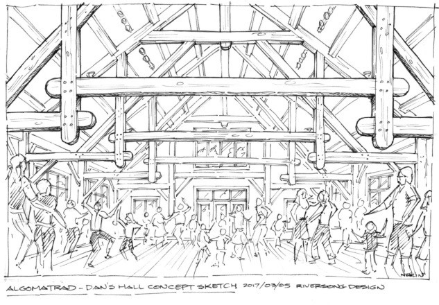 Concept sketch of four-season timber-frame performance hall