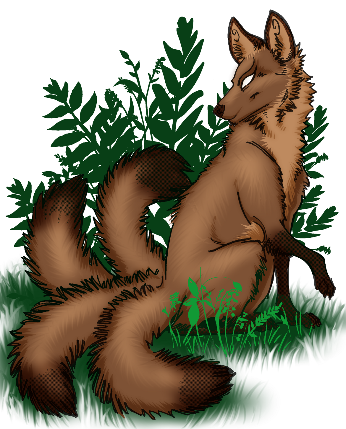 a brown four tailed kitsune sitting in the grass with one paw raised, looking over its shoulder, with green plants behind it. a brown four tailed kitsune sitting in the grass with one paw raised, looking over its shoulder, with green plants behind it.