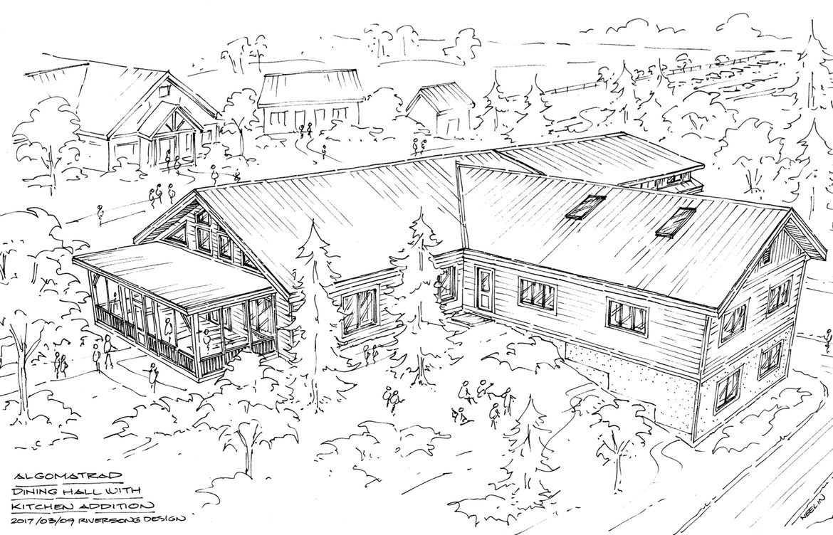 Sketch of dining hall with kitchen addition