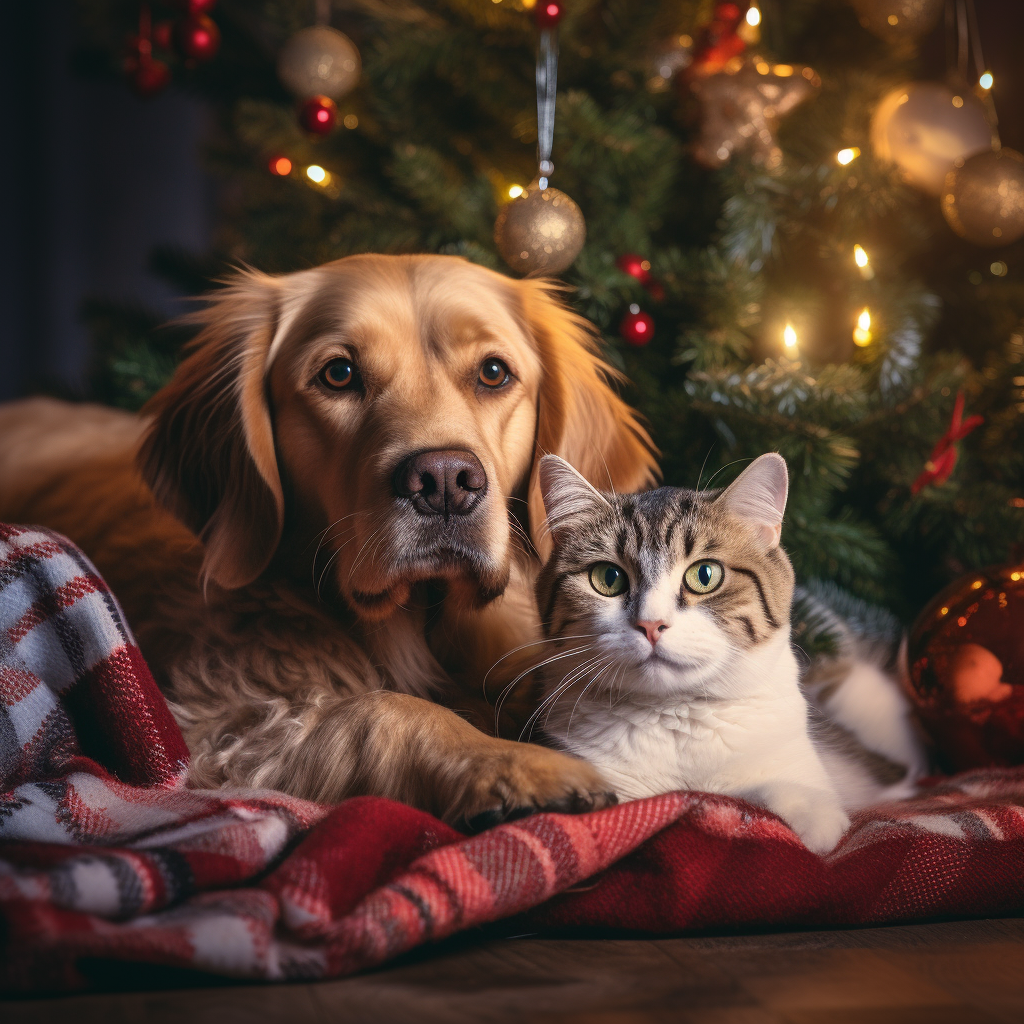 Dog and Cat under a christmas treet Dog and Cat under a christmas treet