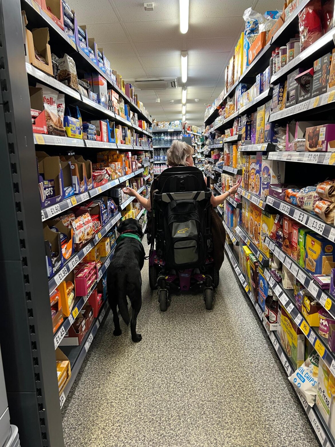 Me in a power wheelchair with my assistance dog a black labrador down an aisle in a shop Me in a power wheelchair with my assistance dog a black labrador down an aisle in a shop