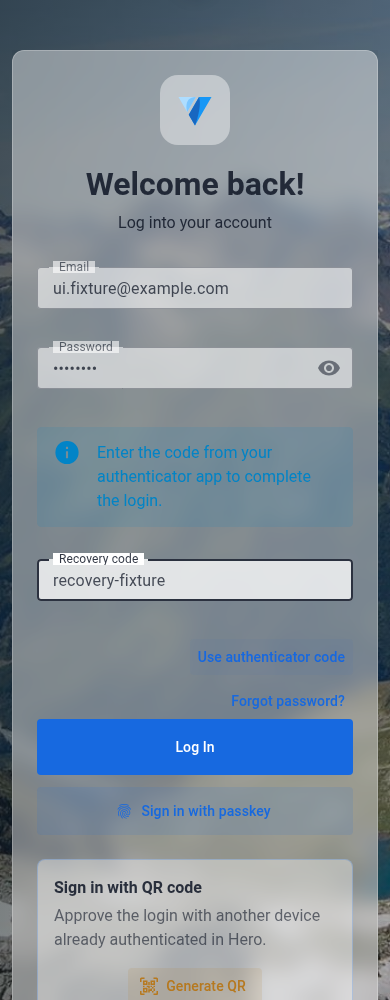 Hero account recovery in English — mobile development capture with synthetic fixture data