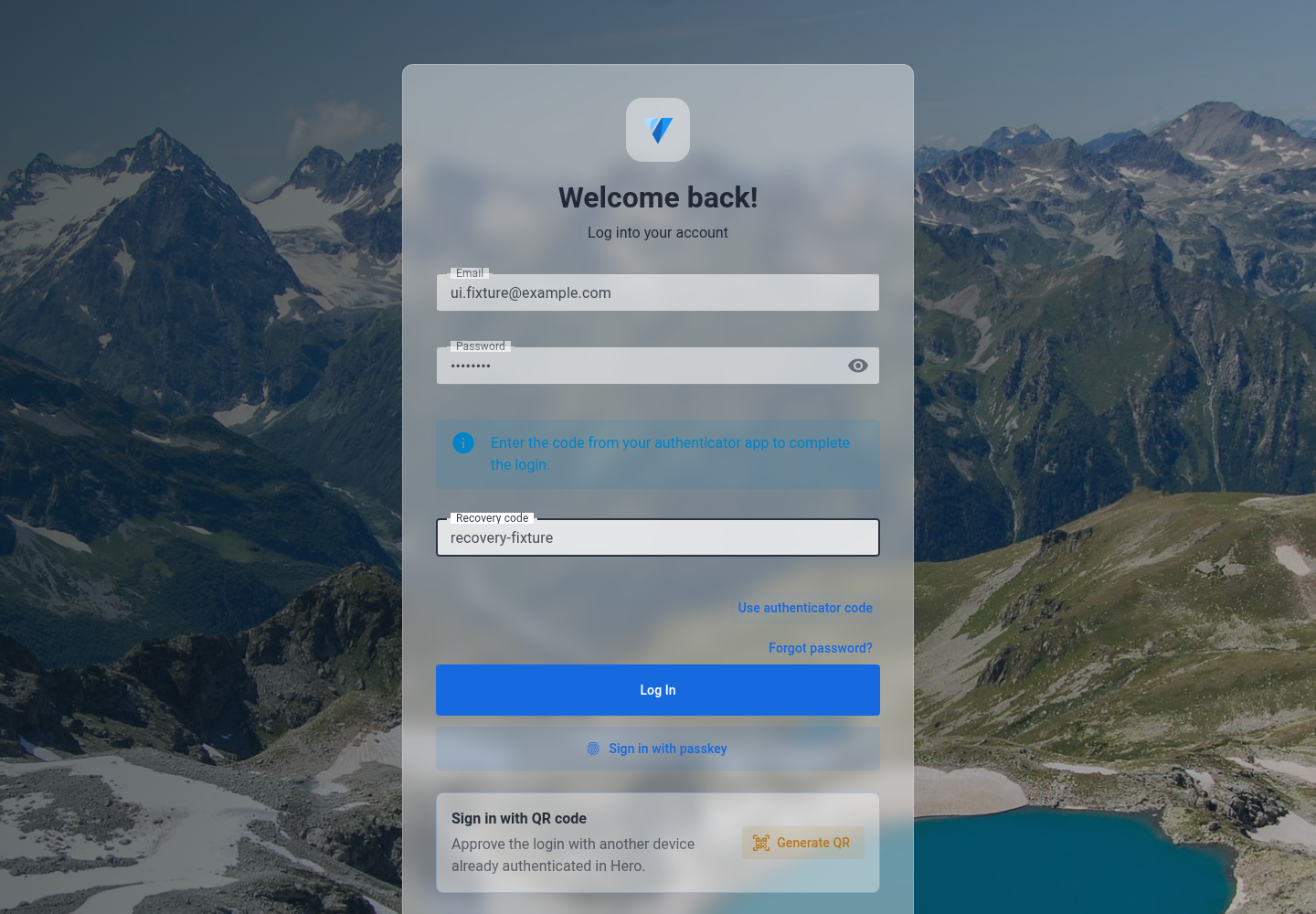 Hero account recovery in English — desktop development capture with synthetic fixture data