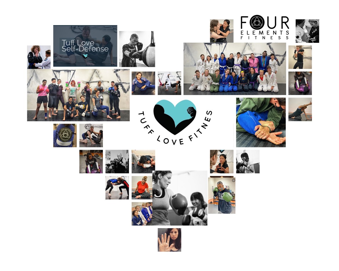 a collage of images of martial arts, self-defense and fitness from the last year at tuff love fitness