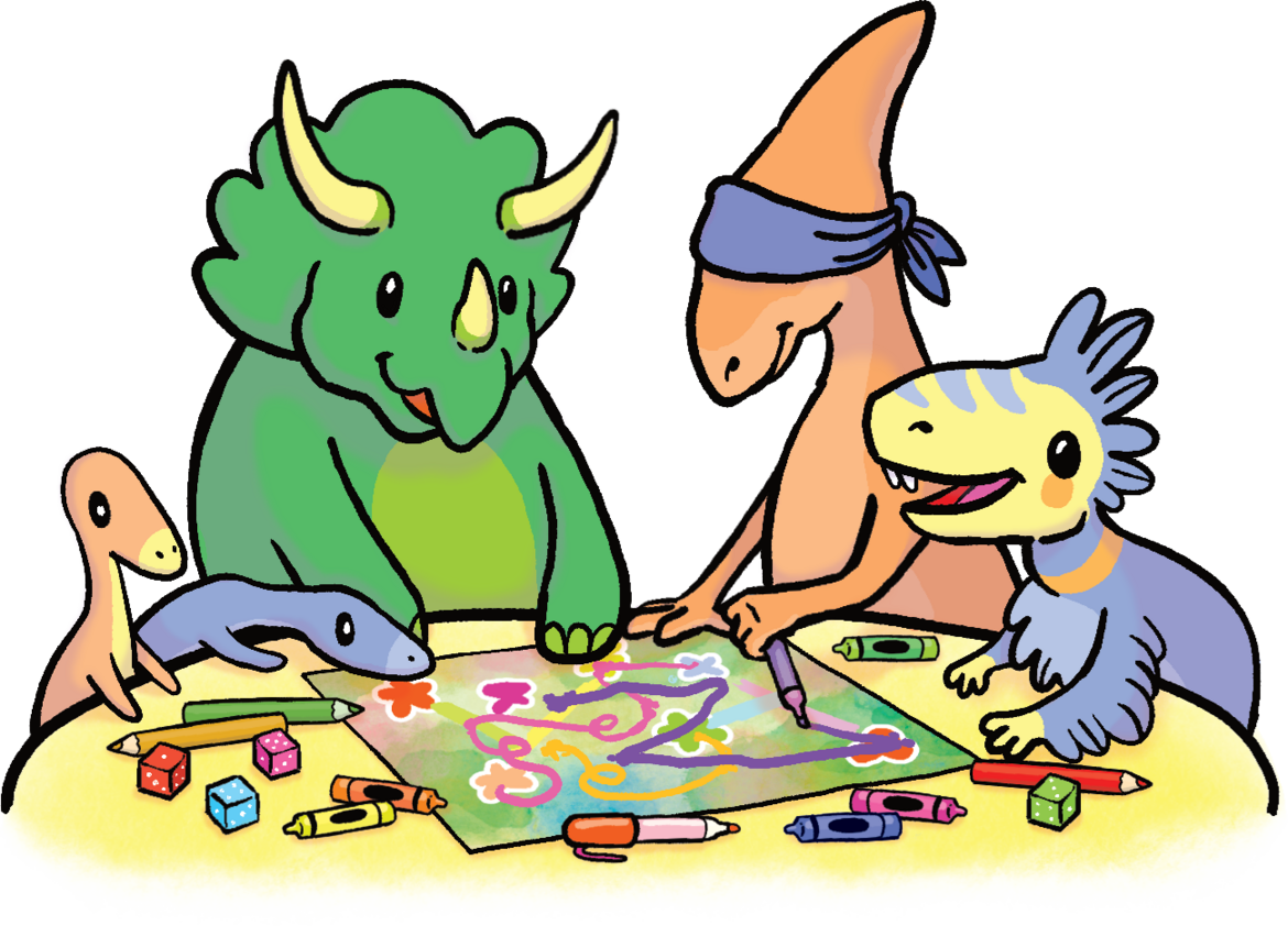 A group of dinosaur friends playing DinoCar at a table.