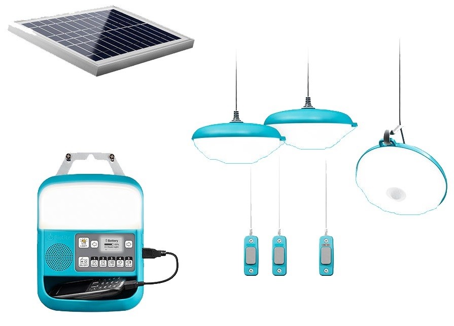 A solar home system includes multiple overhead lights, a built in radio, and a mobile phone charging port.