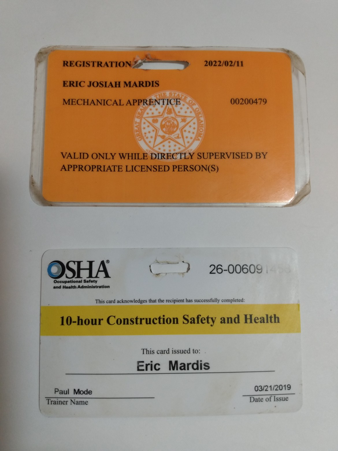 Eric's 1st year apprenticeship card and 10-hour OSHA safety card