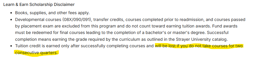 Screenshot of university page showing tuition awards are lost after 2 consecutive quarters missed