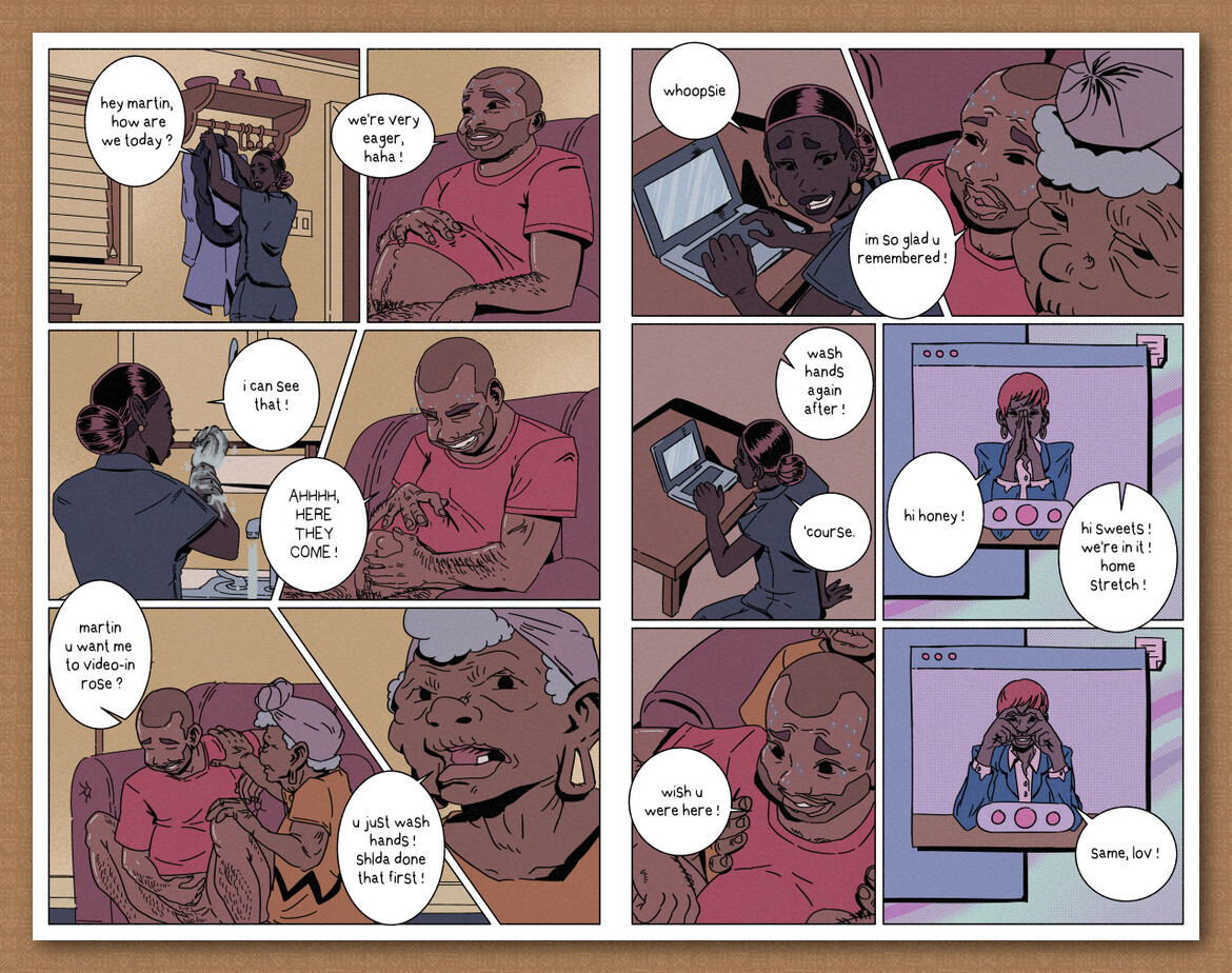 two page comic spread, depicting an at-home birth
