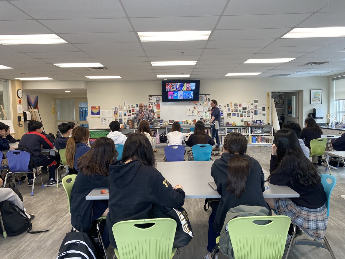 Jason and Chris lead a Comics in the Classroom session with Grade 10 students at Holy Trinity School, Richmond Hill (March 2023)