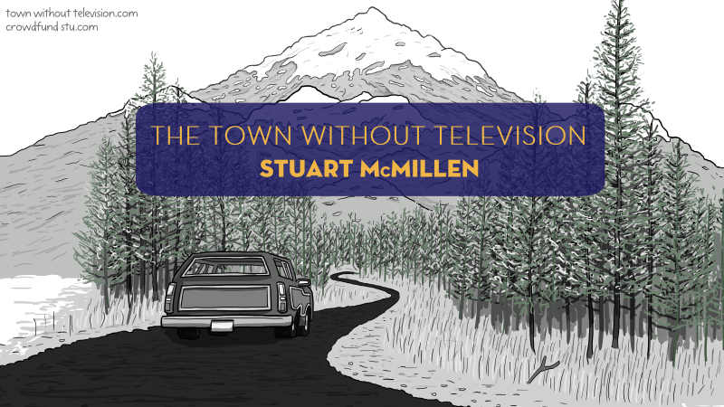 Car driving along a mountain highway - from The Town Without Television comic