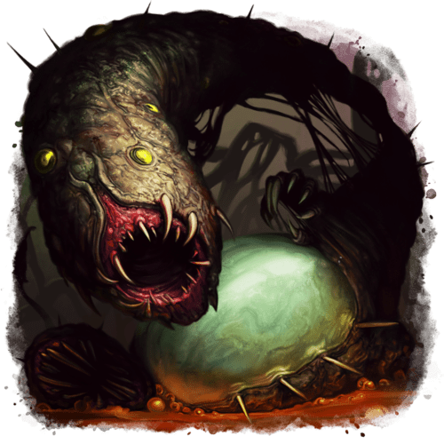 This slimy red worm-like creature is covered in dark brown armored plates as well as pale spines and teeth. It is unwinding from within a shiny, opalescent shell.