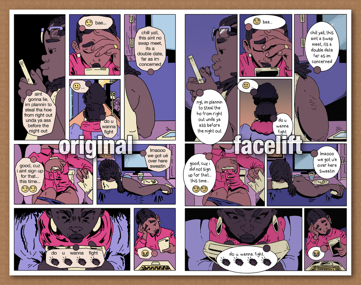 comparison of an original webcomic page of UM and its print facelift counterpart. Three friends texting each other over the course of the day.