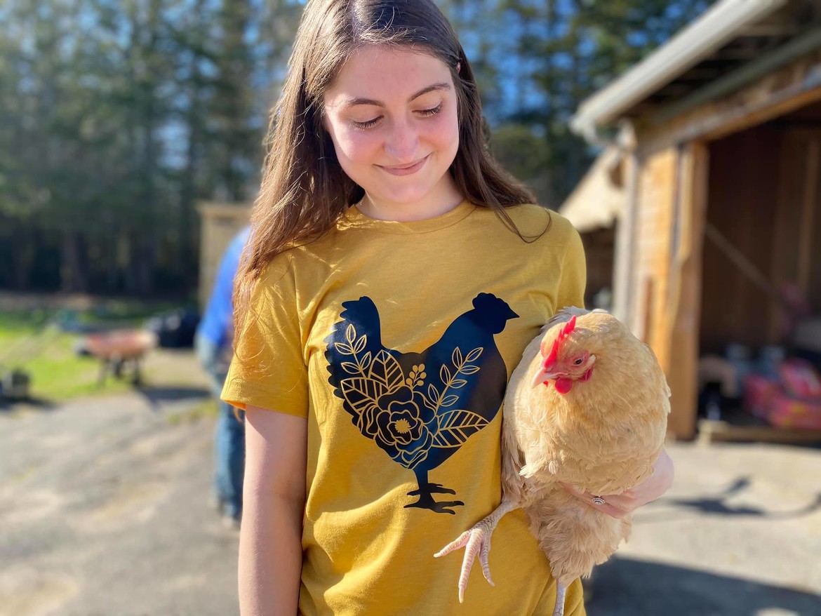 Ruby, the blind hen, gets a ride!