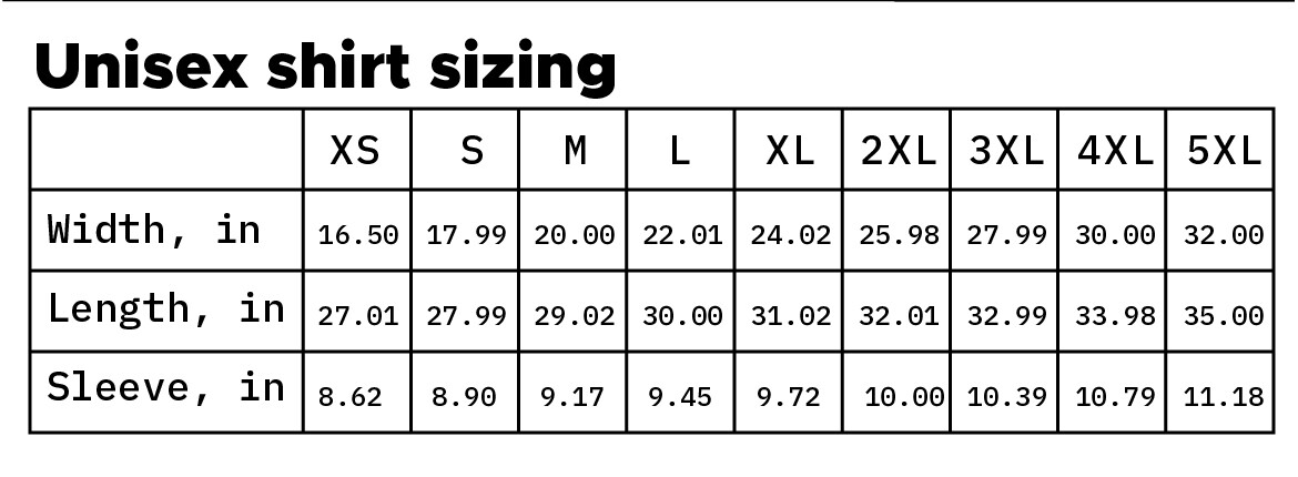 Table of shirt sizes