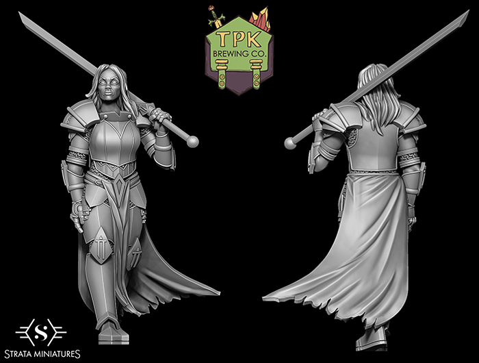 A 3D render of the front and back of the Ashbringer miniature, a heavily armored older woman with a sword resting on her shoulder and her cloak flowing in the wind. The TPK logo is in the middle and the Strata Miniatures logo is in the lower left.
