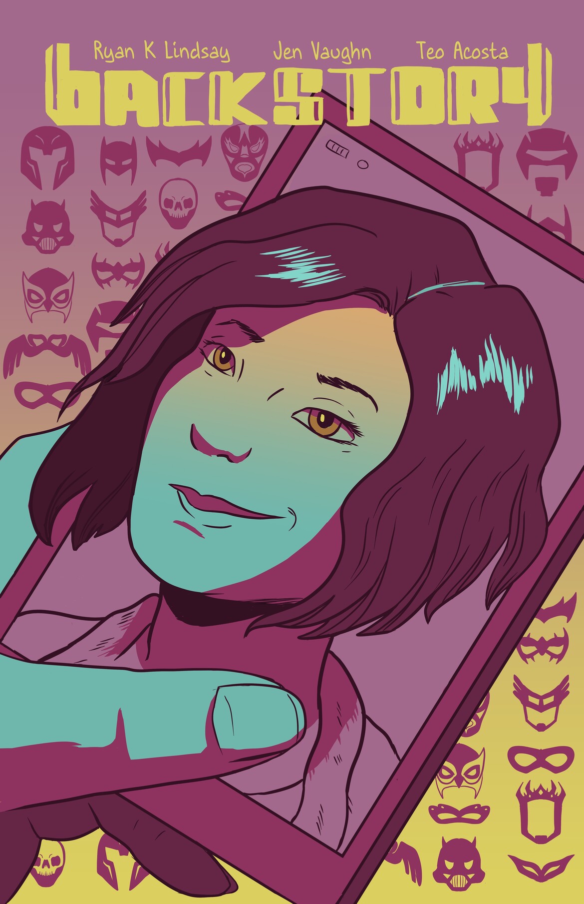 Image of a comic book cover featuring a girl coming out of a cell phone screen with rather chill colors like pink, marigold yellow and teal. The title font on top is Backstory with the creator names Ryan K Lindsay, Jen Vaughn, and Teo Acosta. in the backg