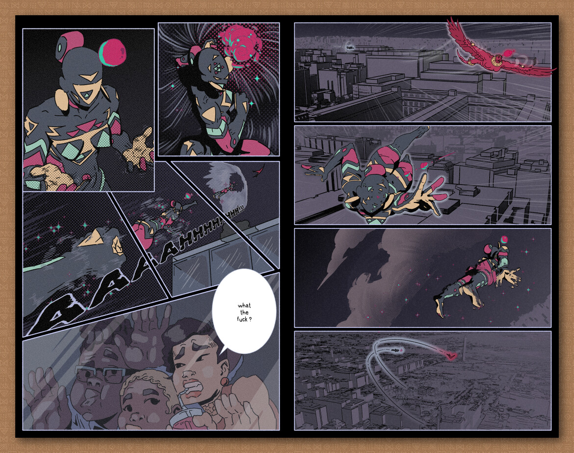 two page spread, depicting the umbral powers of the comic's main character, Eugenée