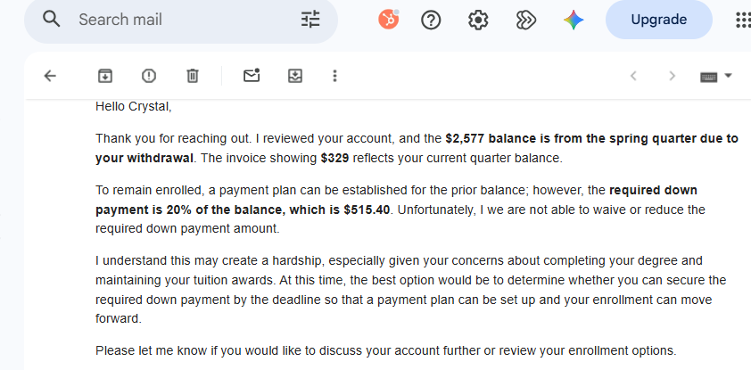 email clarifying balance owed and down payment options