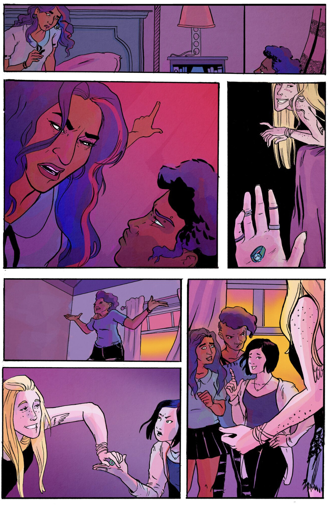 Comic page of girls speaking in room and passing a ring around each other