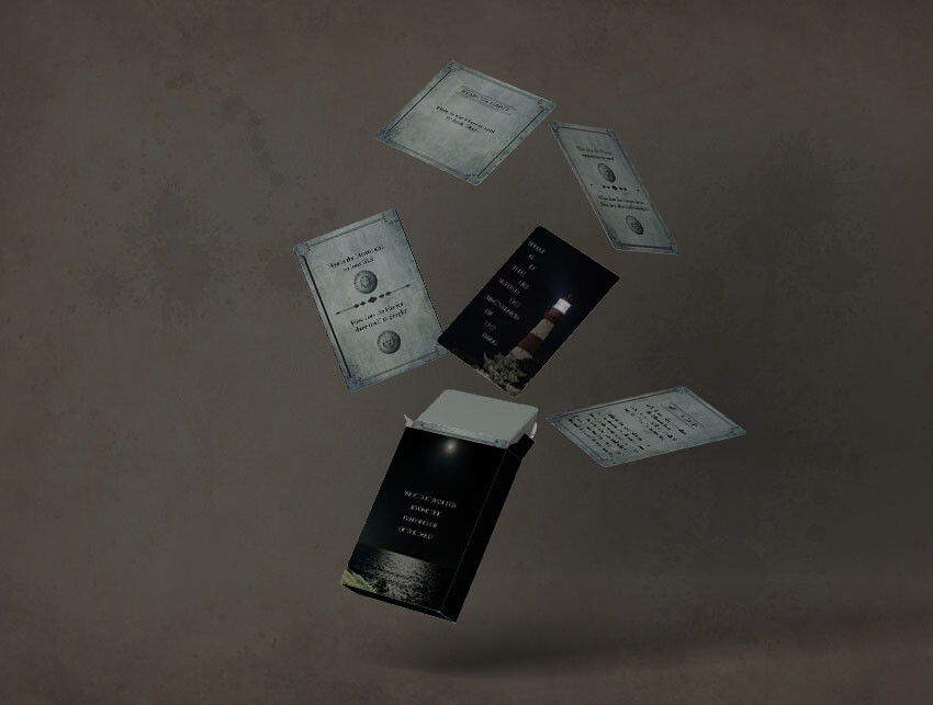 The cards box open is floating in mid-air, with five cards flying out of it, showing the design that can be found within the game