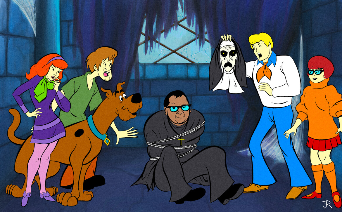 "Draw me as the Nun being unmasked by the Scooby Doo Gang"