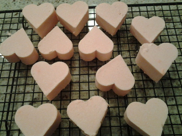 Pink, lemon scented, heart-shaped organic soap made by my 12 year old son for Valentines Day in 30 minutes.