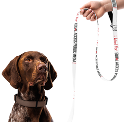 A brown dog shows a white leash with text "i drool for Equal Access Public Media!" in red and black.