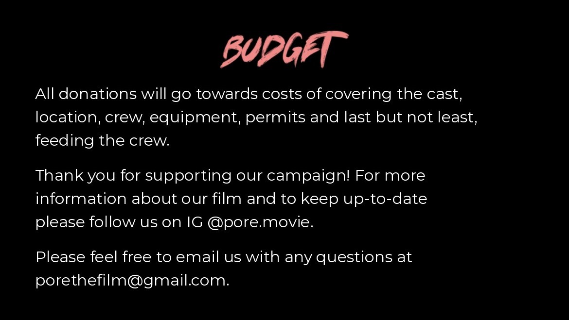 Budget: all donations will go towards costs of covering the cast, location, crew, equipment, permits and feeding the crew. Follow us on Instagram at pore.movie or email porethefilm@gmail.com.