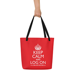 A red tote bag with black handles. White text reads "Keep calm and log on" in all capital letters.