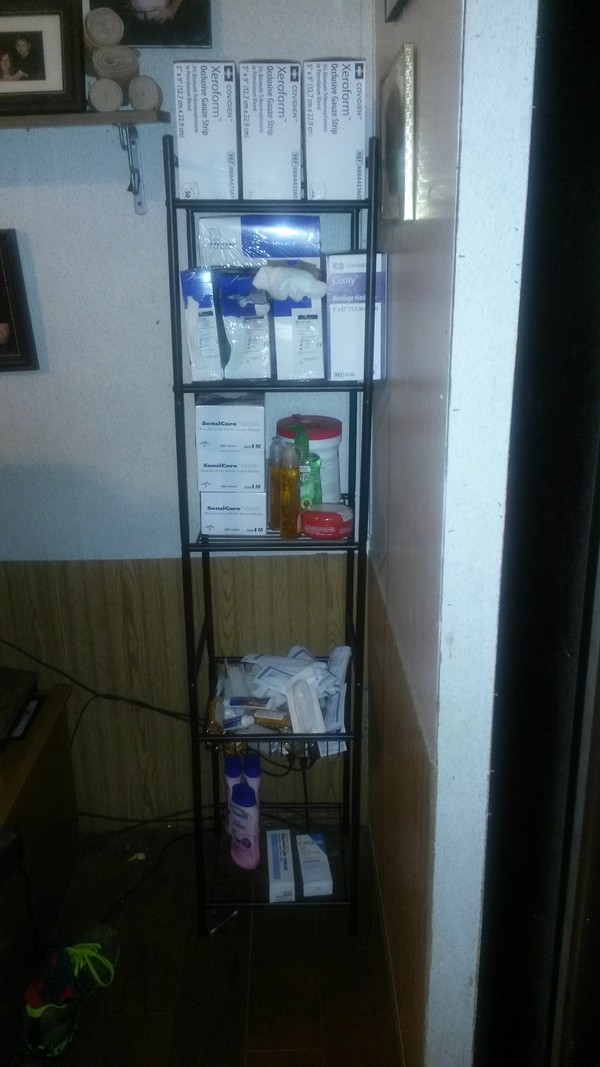 These are just a few of his daily wound care supplies. Not to mention the 18 wash cloths and 12 towels for each dressing change 2 times a day. Gets very expensive.