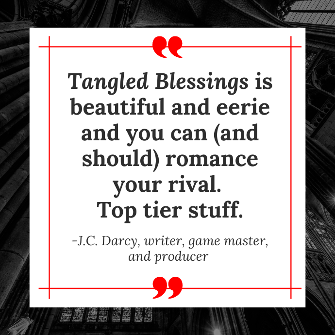 A quote praising Tangled Blessings.