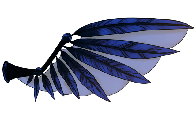 blue prosthetic feathered wing