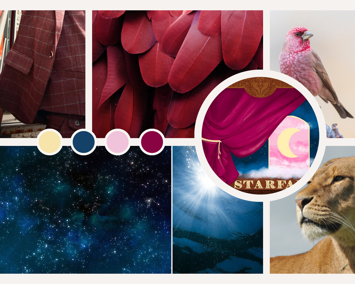 A moodboard made of red fabrics and feathers, blue stars, blue sea, a yellow lion, and a pink bird to represent the Starfall cover colors.