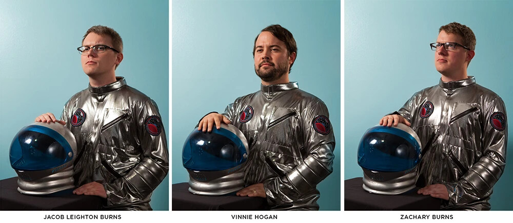 Three portraits of Jacob Leighton Burns, Vinnie Hogan, and Zachary Burns as astronauts.