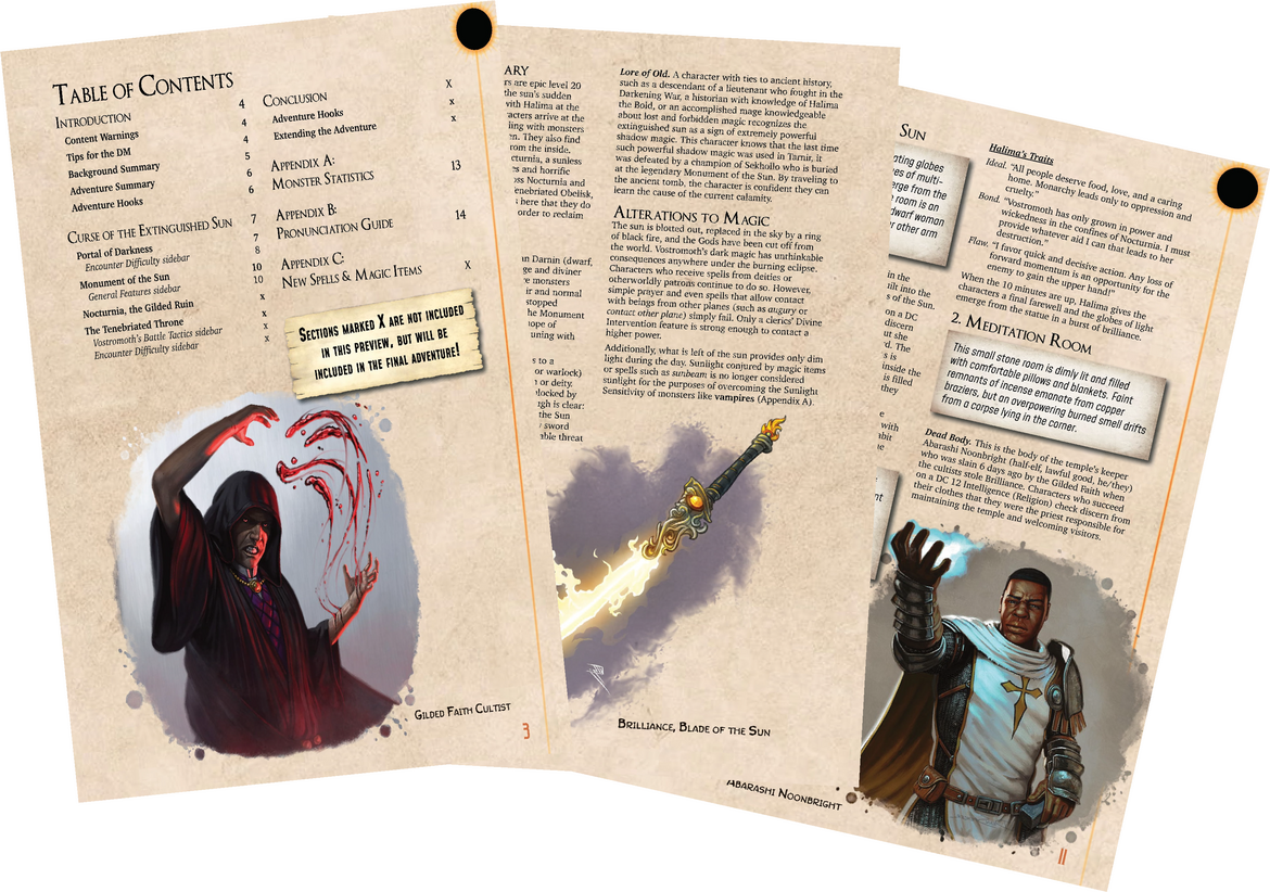 Three pages of the preview lie spread against one another, showing off art of a cultist flinging blood magic and a sword of sunlight.