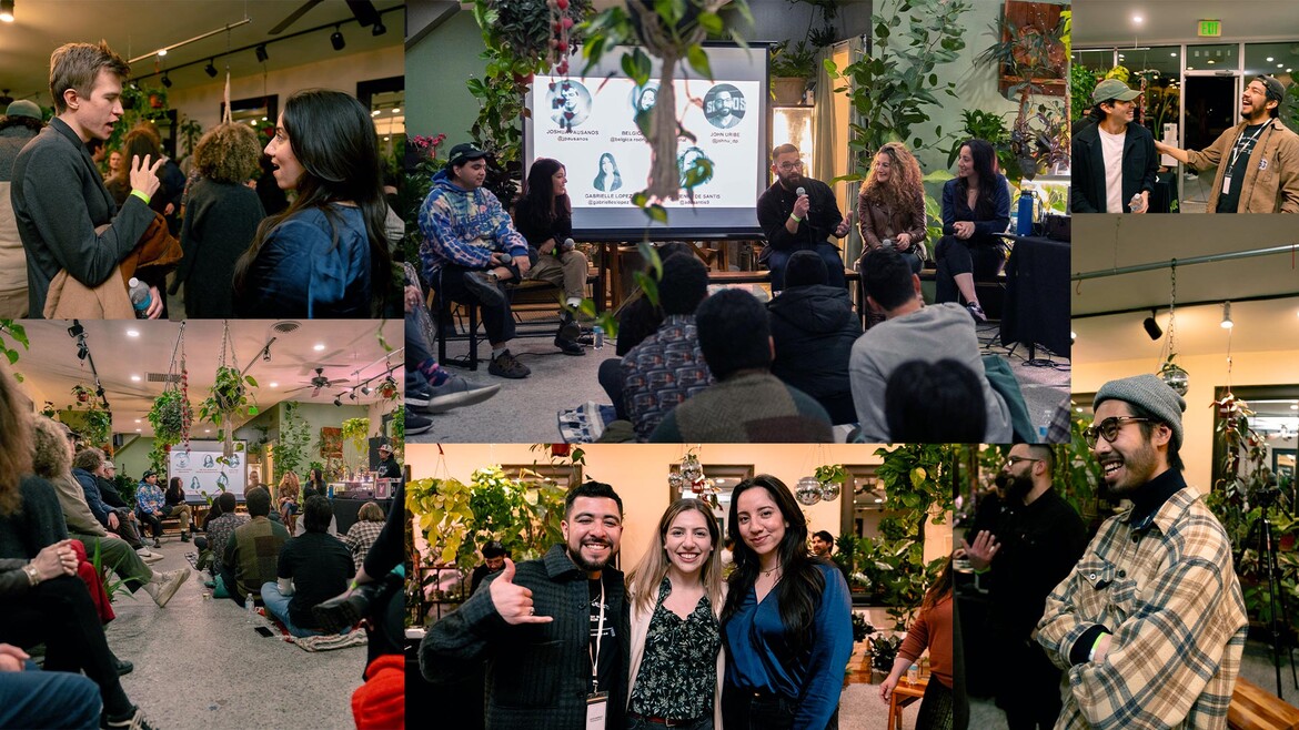 A collage of photos of people enjoying San Jose Film Collective's Bay Mingle mixer