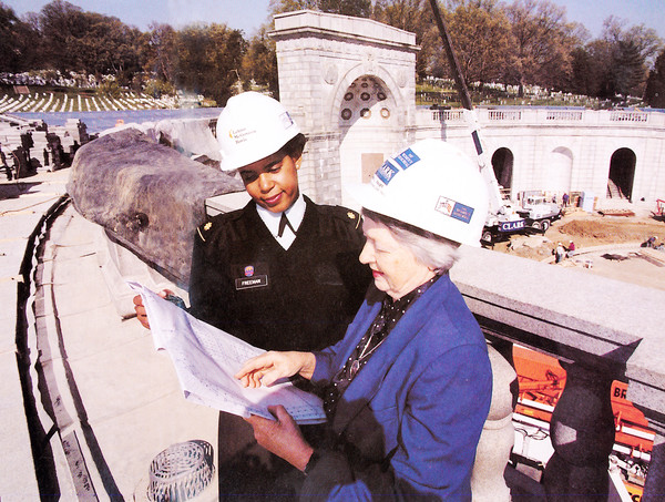 Annette Wells Freeman & Wilma Vaught review blueprints during construction of the Women's Memorial