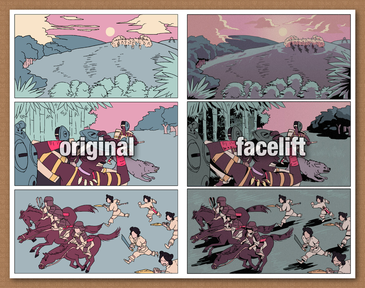 comparison of an original webcomic page of UM and its print facelift counterpart. Two opposing armies in prehistoric Japan charging at each other across and open field.