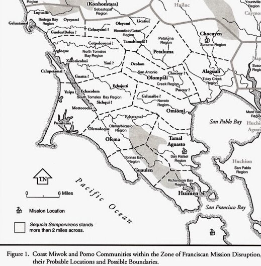 map of coast miwok and pmo communities within the zone of franciscan mission disruption
