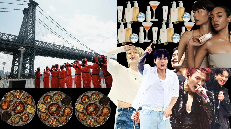 A collage of Korean culture: Squid Game, K-beauty skincare, K-pop performers and Korean food.