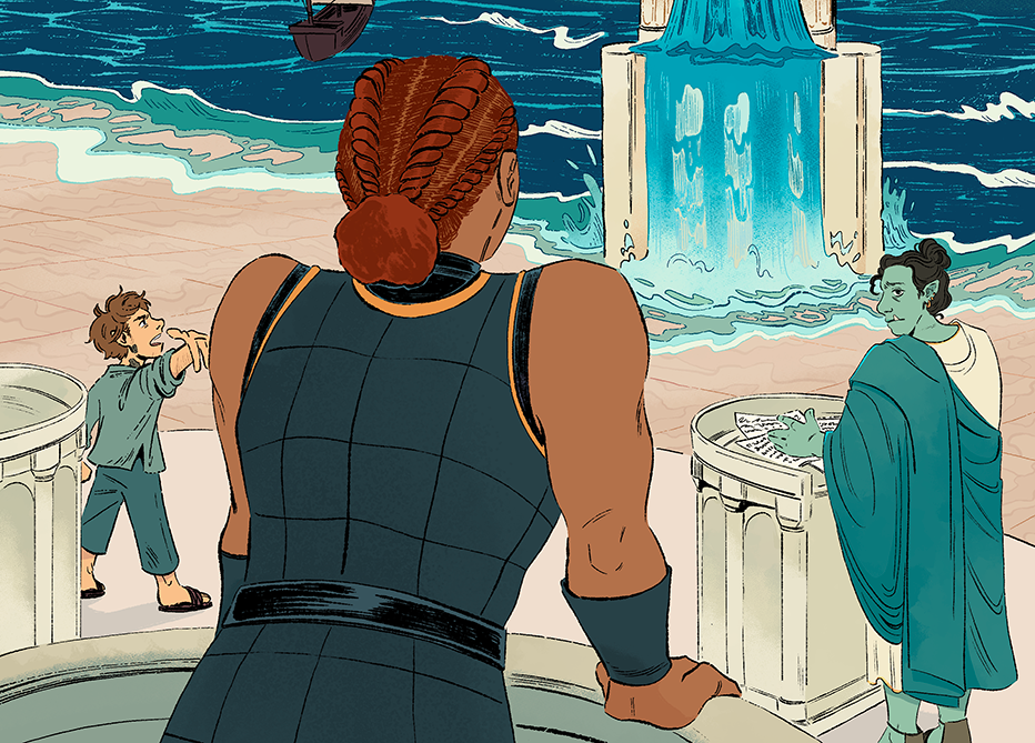 Crop of an illustration of Hella, Fero, and Lem at the trial in Nacre.