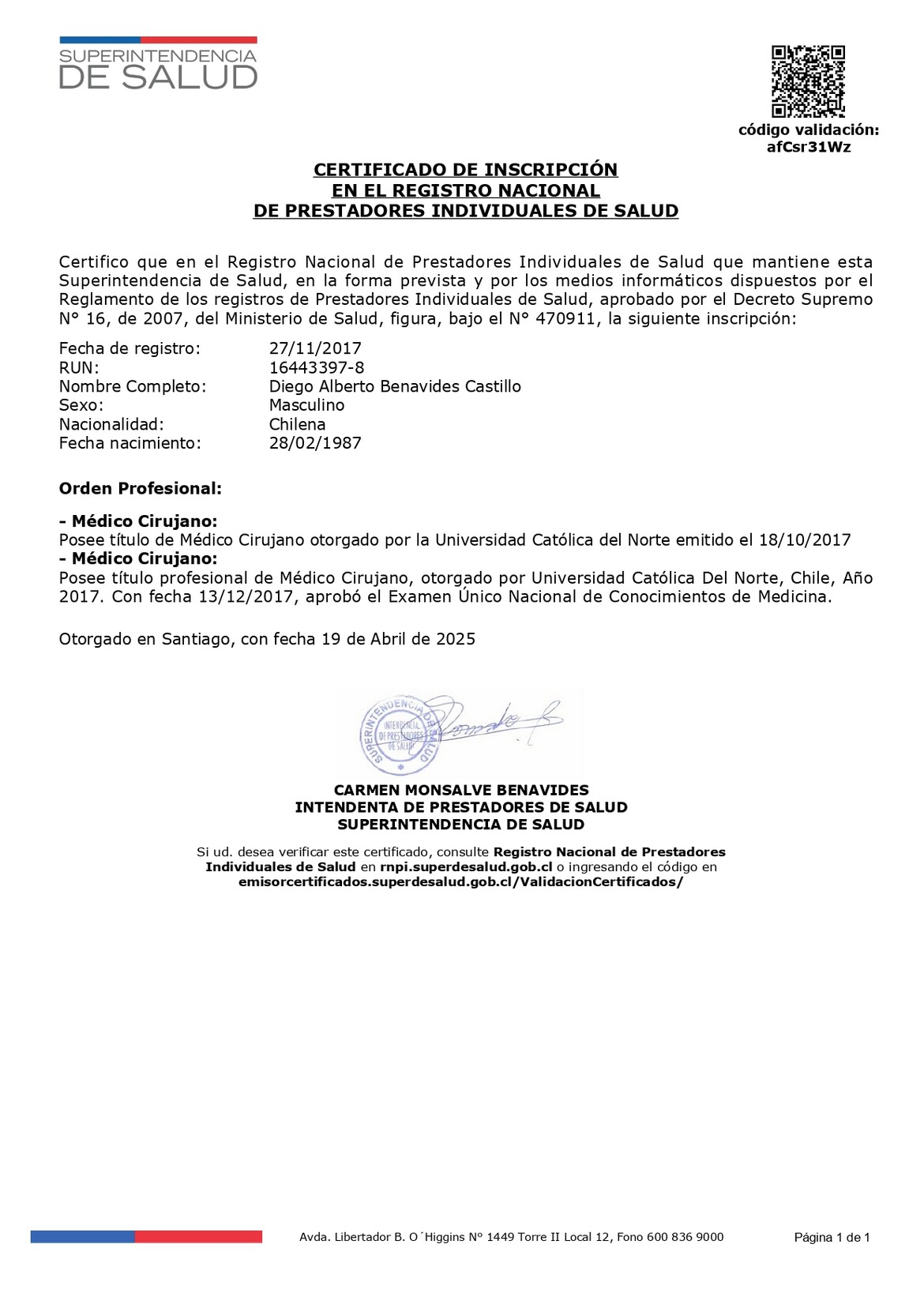 Certificate of Registration in the National Registry of Individual Health Provider
