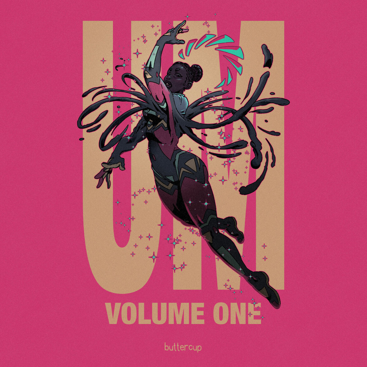 UM Volume One Cover, main character Eugenée striking a pose mid-flight, with magic swirling around them.