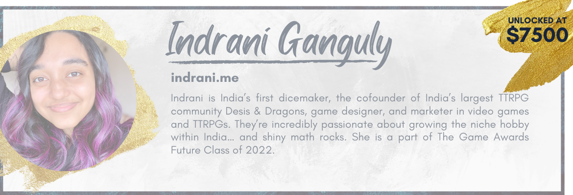Banner for Indrani Ganguly - it includes a headshot, her name, her website (indrani.me), and a short bio noting her community management, game designer, and marketing work.