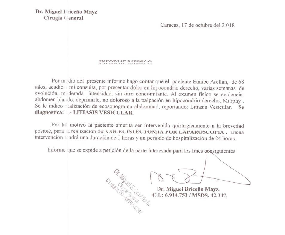 Medical inform with the diagnostic indicating the  need for the operation