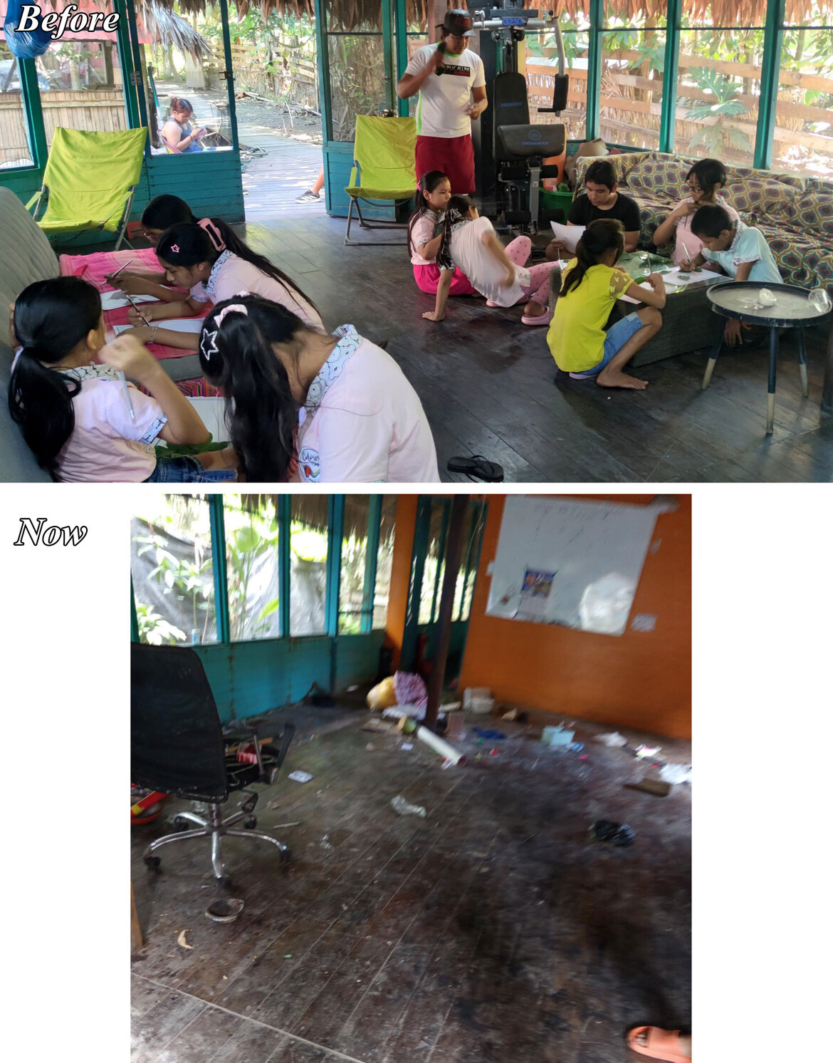 Our main lounge (and classroom) before and after the looting