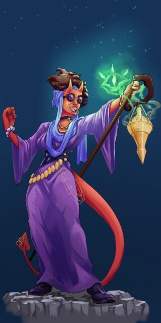 blind red tiefling with purple robe, staff with gold censer, its smoke forming an eye glyph