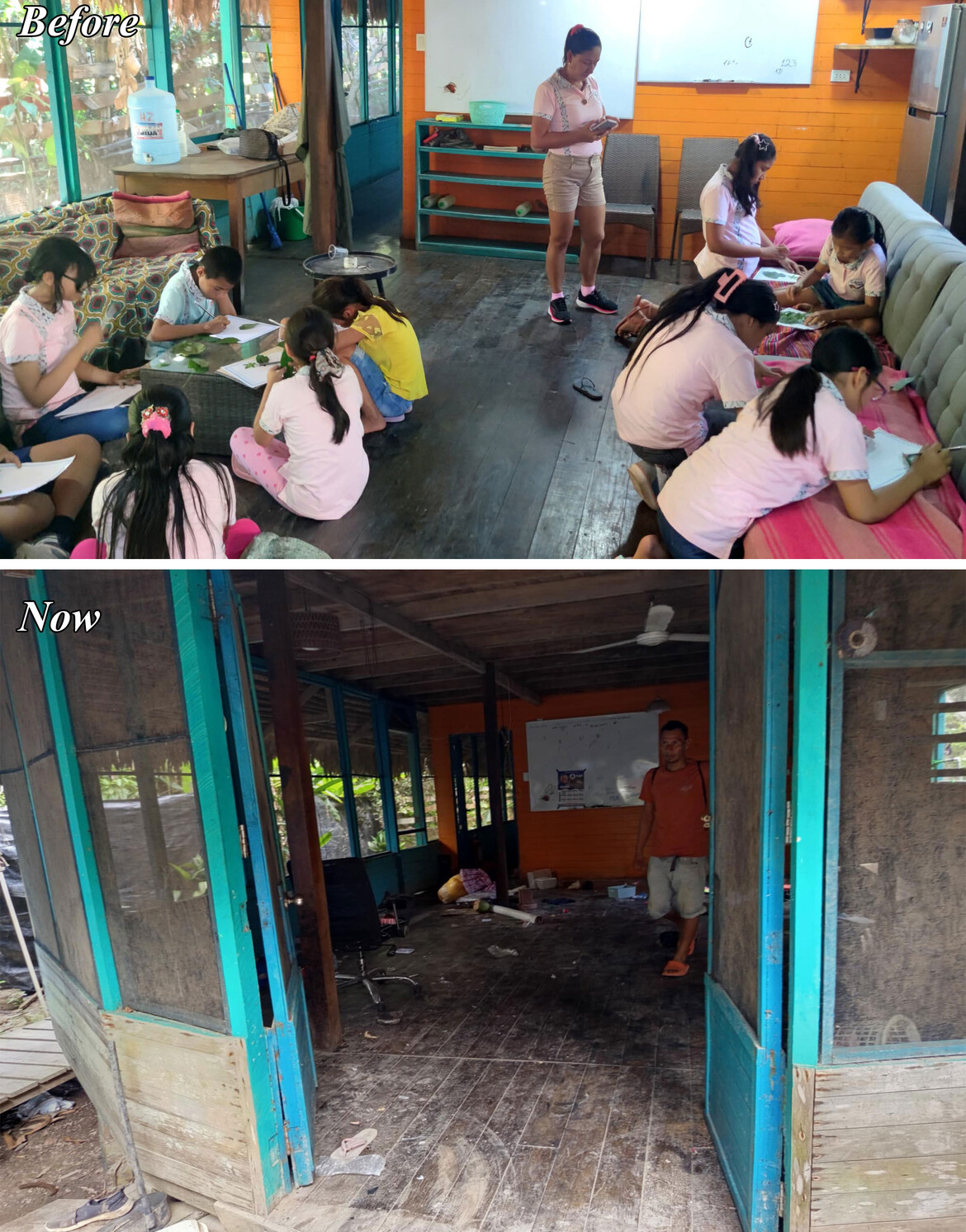 Our main lounge (and classroom) before and after the looting
