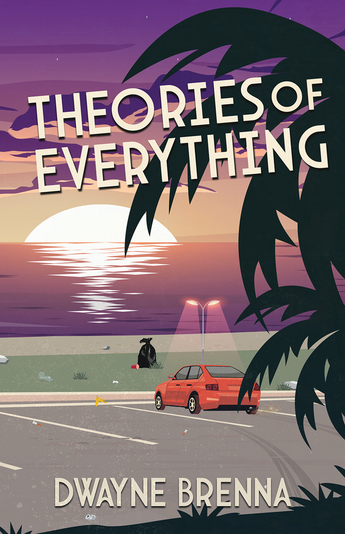 Cover art for Theories of Everything, showing a car parked at the beach with garbage strewn around it and the sun setting over the ocean.